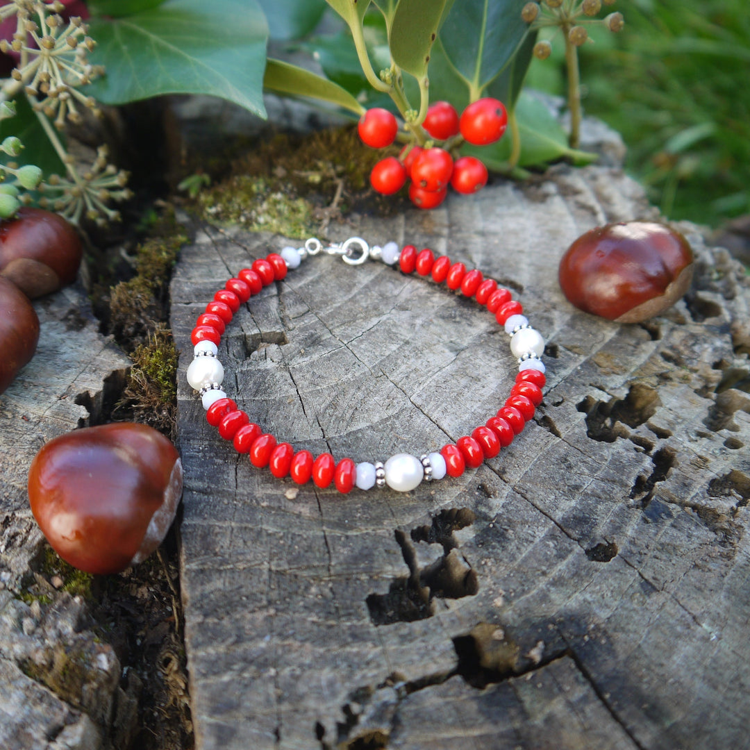 Armband mit Koralle, Chalzedon Silber, Perlen