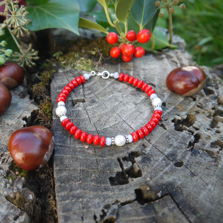 Armband mit Koralle, Chalzedon Silber, Perlen