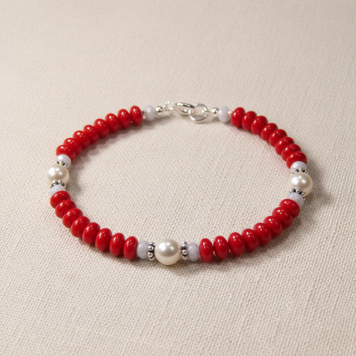 Armband mit roter Koralle, Chalzedon Silber und Perlen