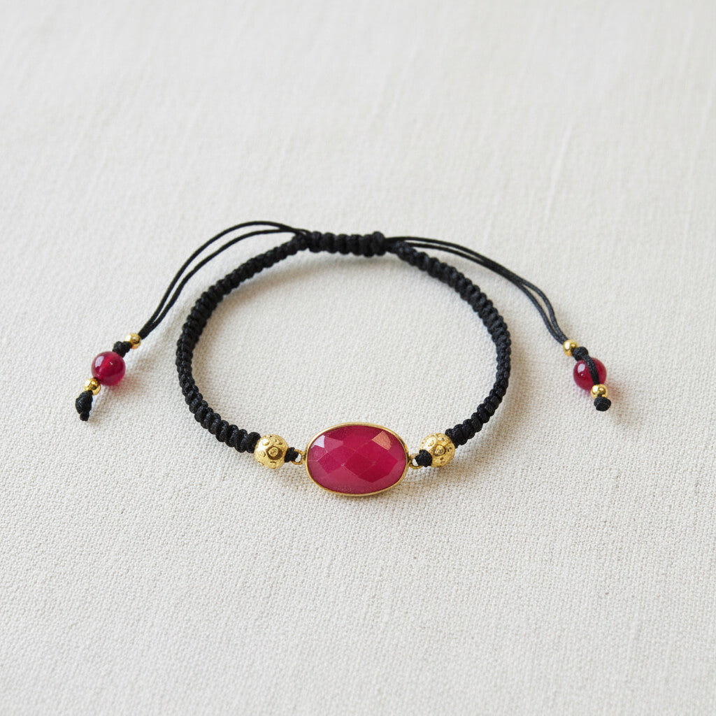 Makramee-Armband schwarz mit rotem Chalzedon und vergoldeten Silberperlen – Perlotte Schmuck