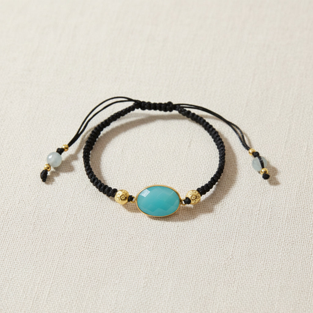 Geflochtenes Armband in schwarz mit Chalzedon in Türkis