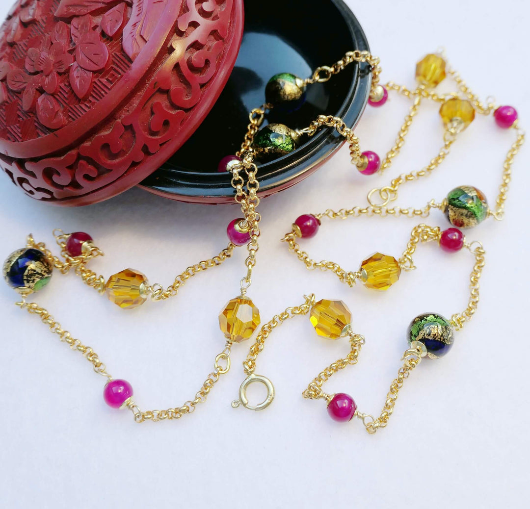 Murano-Longkette in Gold-Grün-Blau mit Swarovski Kristallen