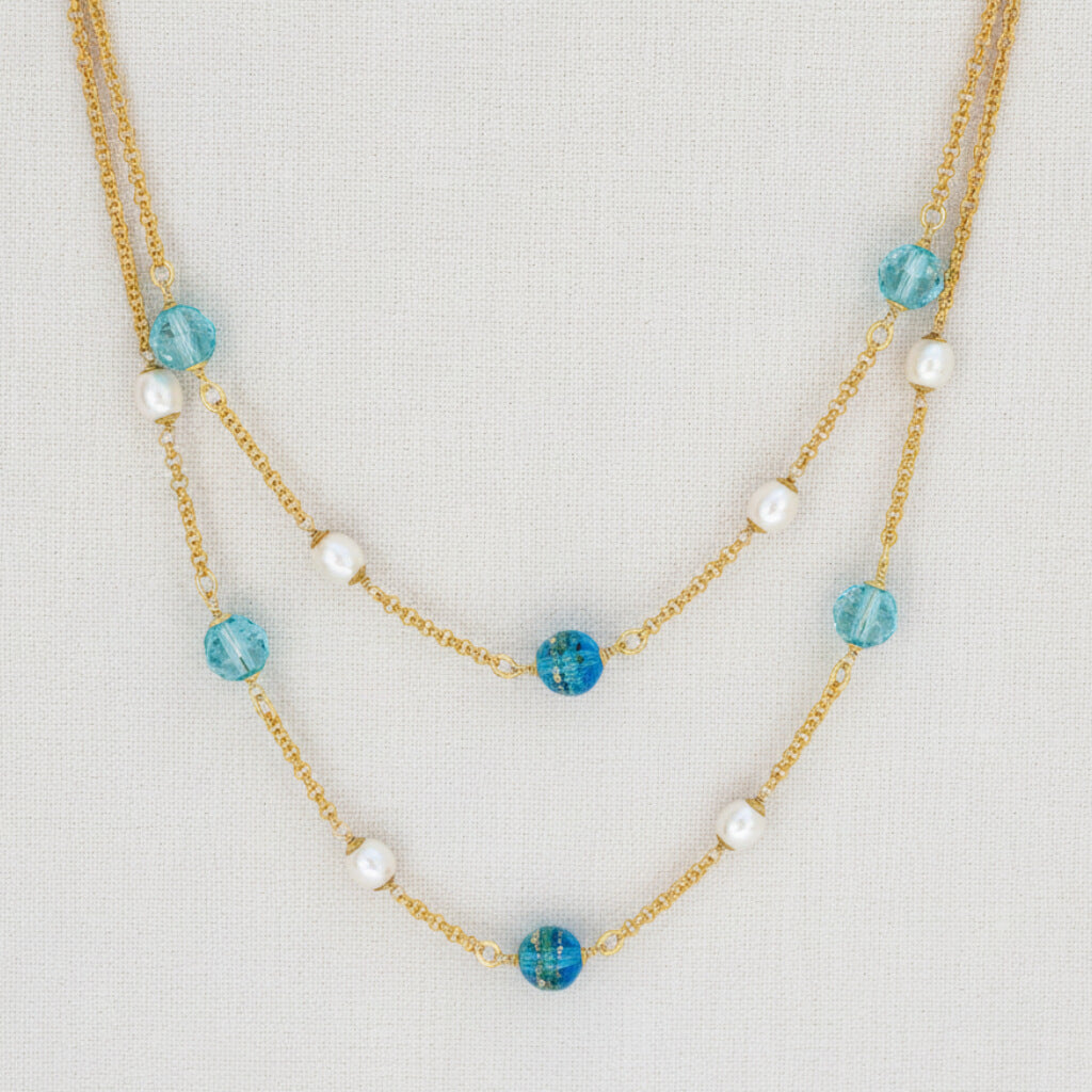 Longkette mit Muranoperlen, Süßwasserperlen und Swarovski Türkis 
