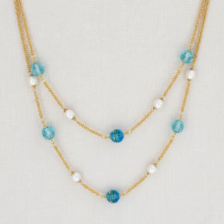 Longkette mit Muranoperlen, Süßwasserperlen und Swarovski Türkis 
