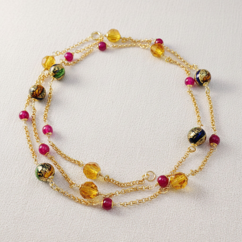 Murano-Longkette in Gold-Grün-Blau mit Swarovski Kristallen