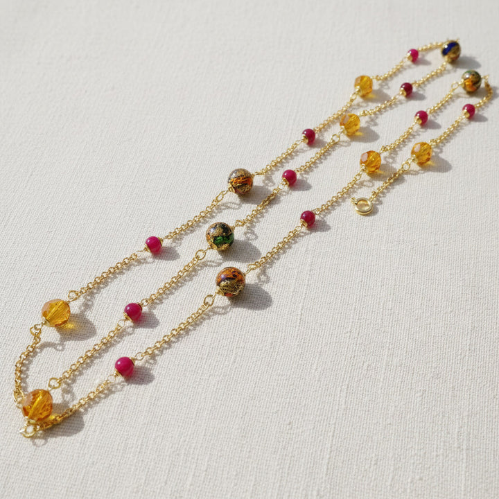 Murano-Longkette in Gold-Grün-Blau mit Swarovski Kristallen