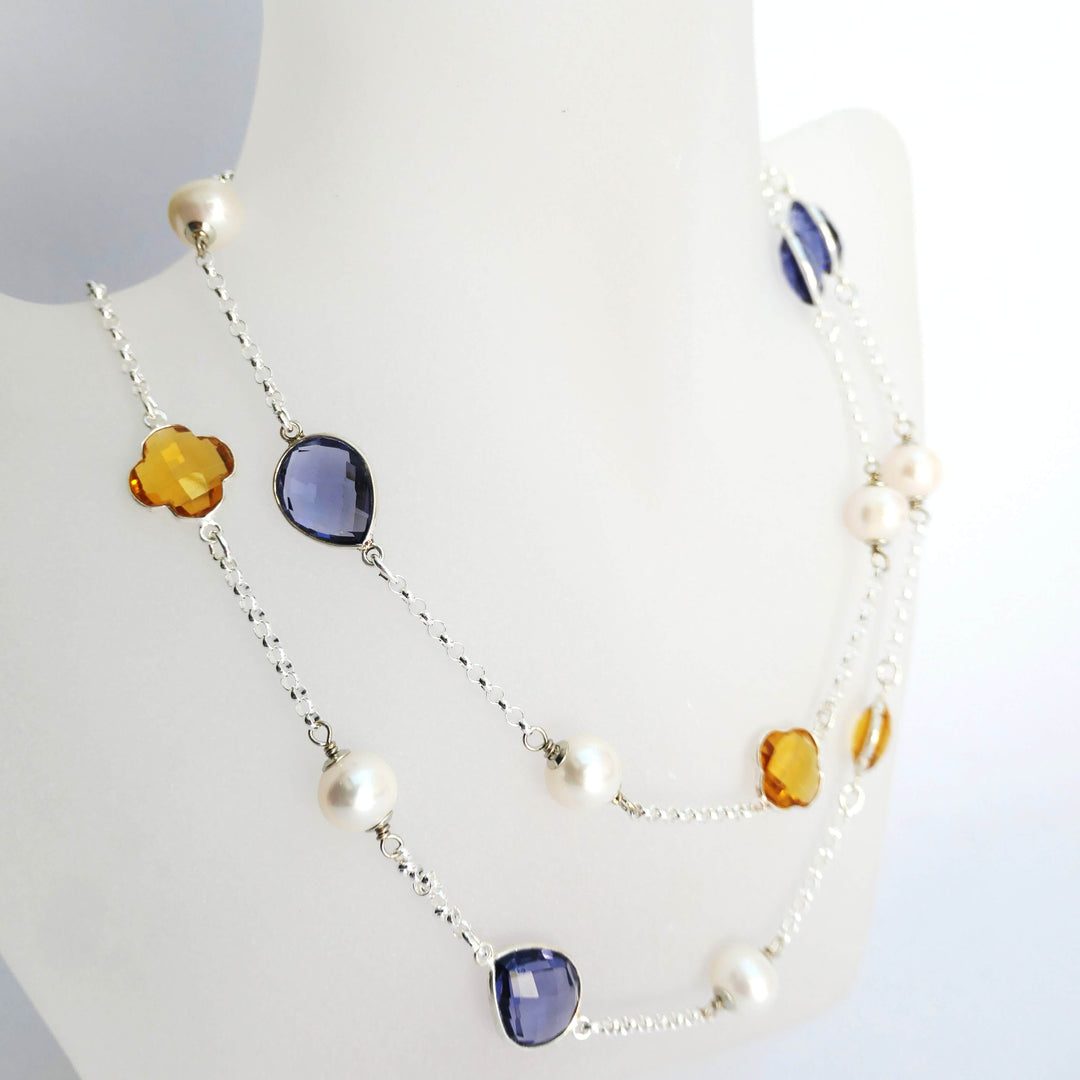 Longkette Blau-Gelb mit Süßwasserperlen und facettierten Steinen