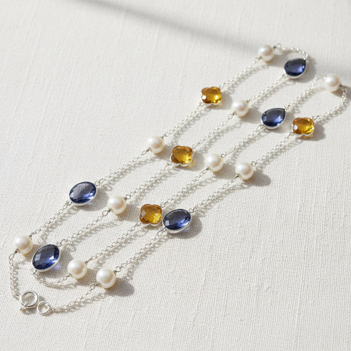 Longkette Blau-Gelb mit Süßwasserperlen und facettierten Steinen