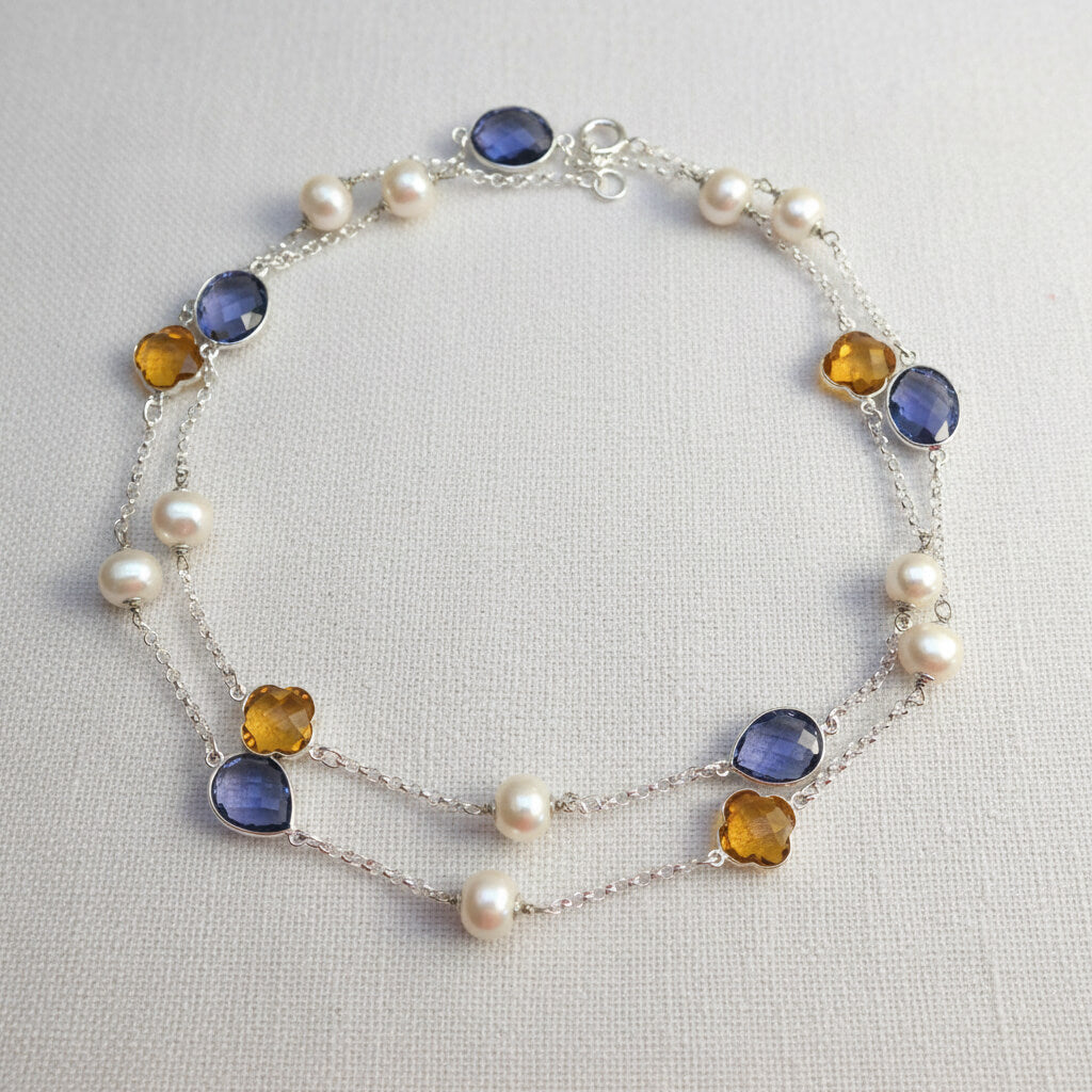 Longkette Blau-Gelb mit Süßwasserperlen und facettierten Steinen