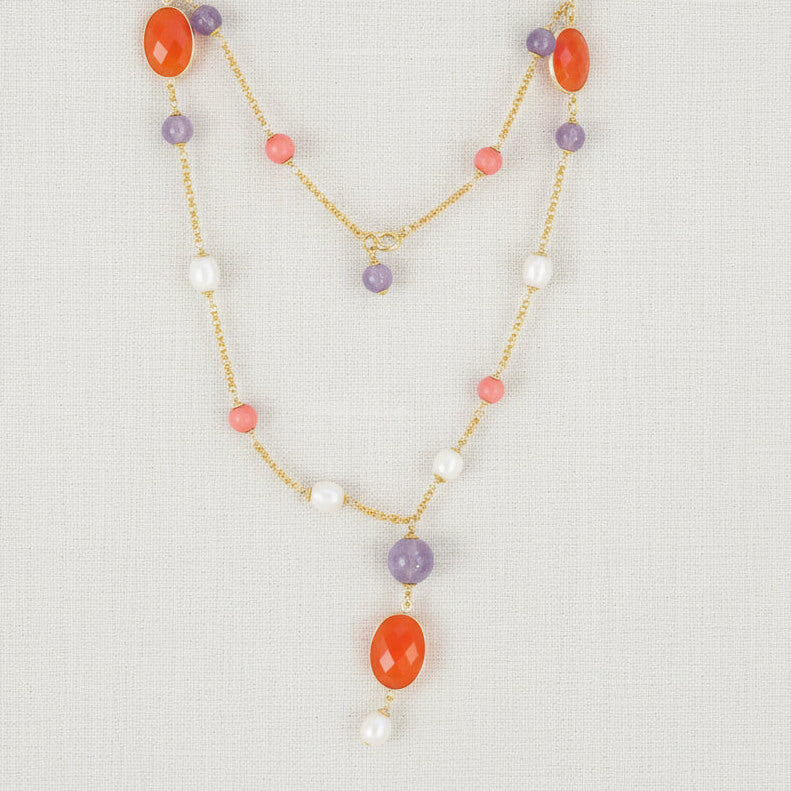 Y-Kette mit Amethyst, Koralle und Süßwasserperlen
