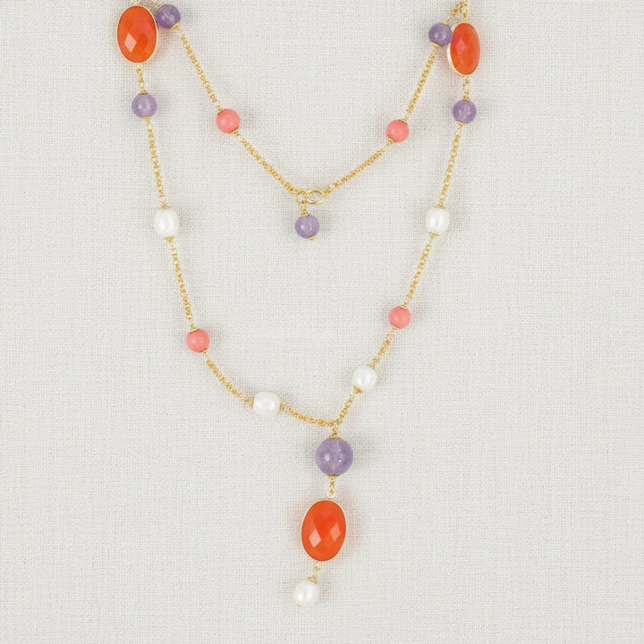 Y-Kette mit Amethyst, Koralle und Süßwasserperlen