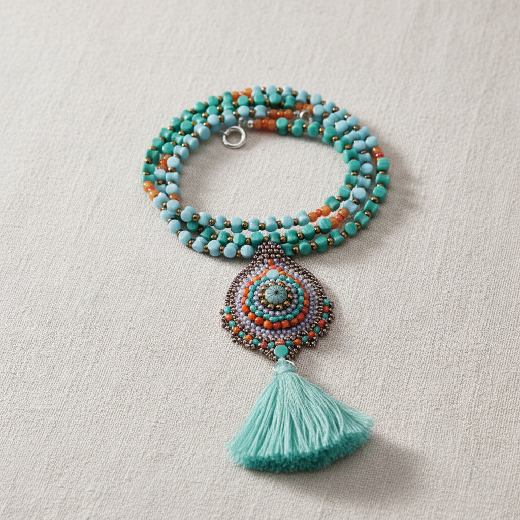 Sommerkette im Peyote Stil mit Quaste in Türkis