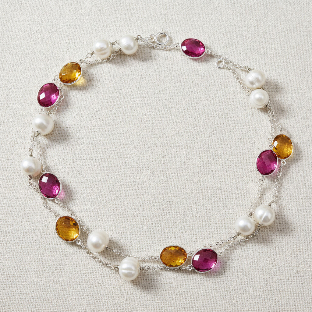 Longkette mit Süßwasserperlen und silbergefassten Steinen in Fuchsia und Gelb