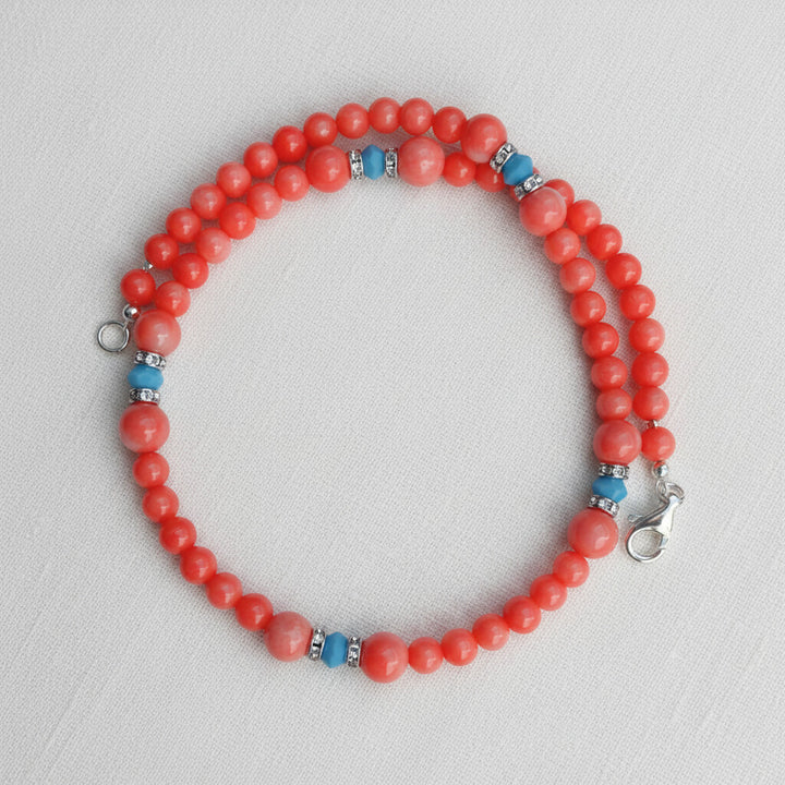 Korallen-Kette Lachs und Türkis mit Swarovski-Kristallen, Silberschließe – Perlotte Schmuck