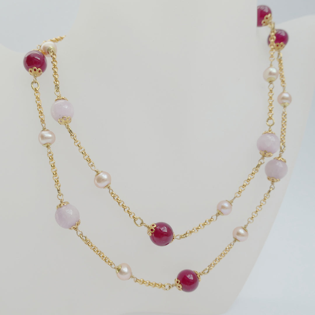 Lange Perlenkette mit Kunzit, roter Jade und Süßwasserperlen