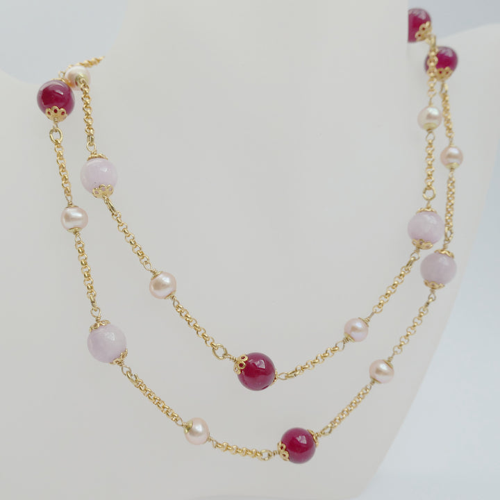 Lange Perlenkette mit Kunzit, roter Jade und Süßwasserperlen