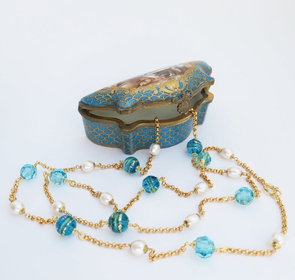 Longkette mit Muranoperlen, Süßwasserperlen und Swarovski Türkis 