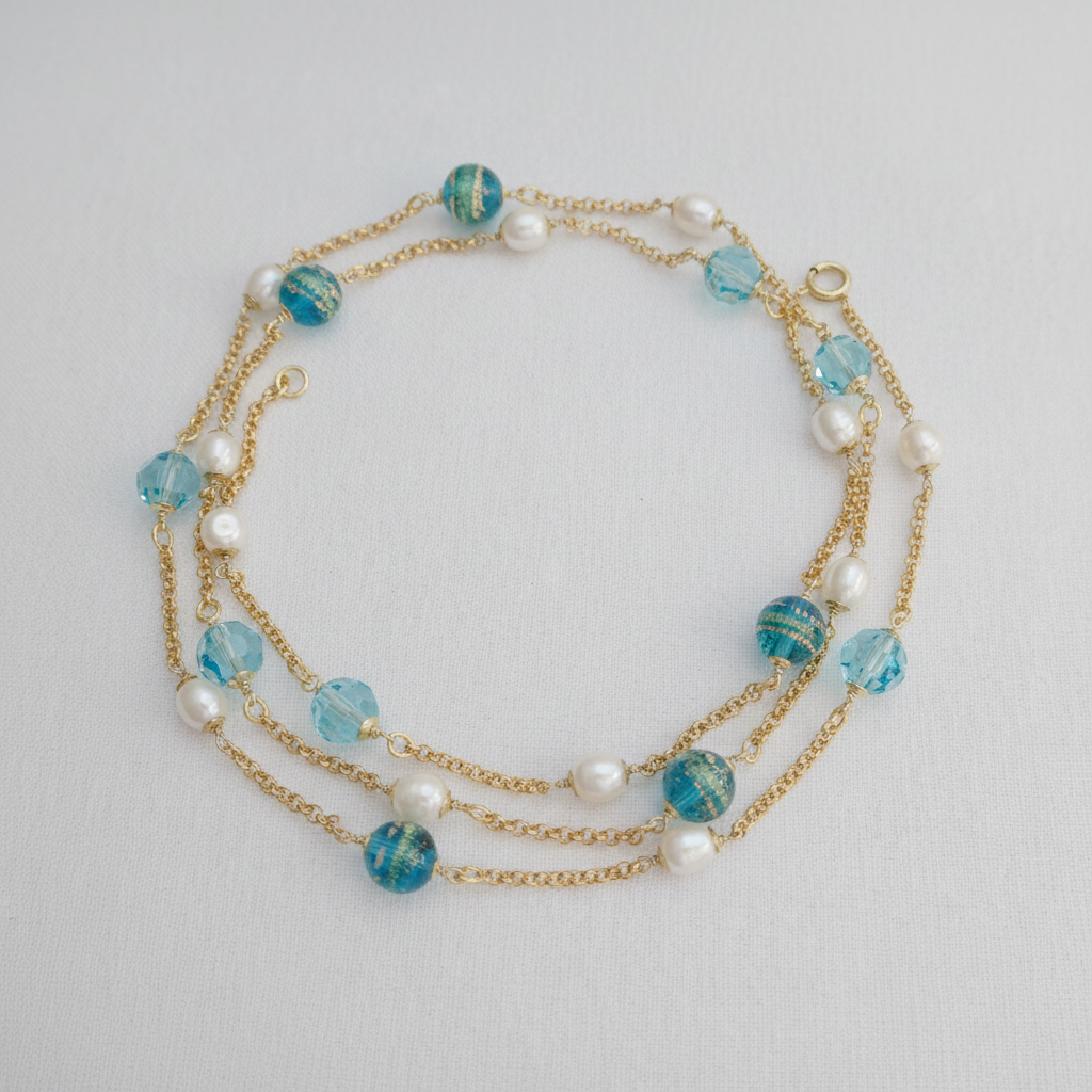 Longkette mit Muranoperlen, Süßwasserperlen und Swarovski Türkis 