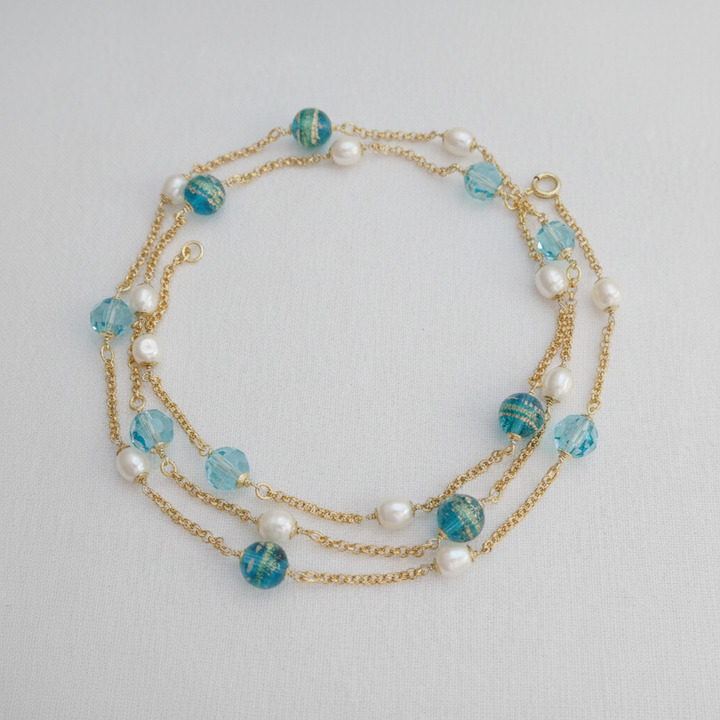 Longkette mit Muranoperlen, Süßwasserperlen und Swarovski Türkis 