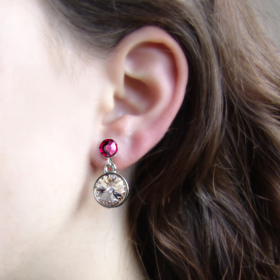 Kristall-Ohrstecker Fuchsia und Kristall getragen, funkelnde Swarovski-Kristalle