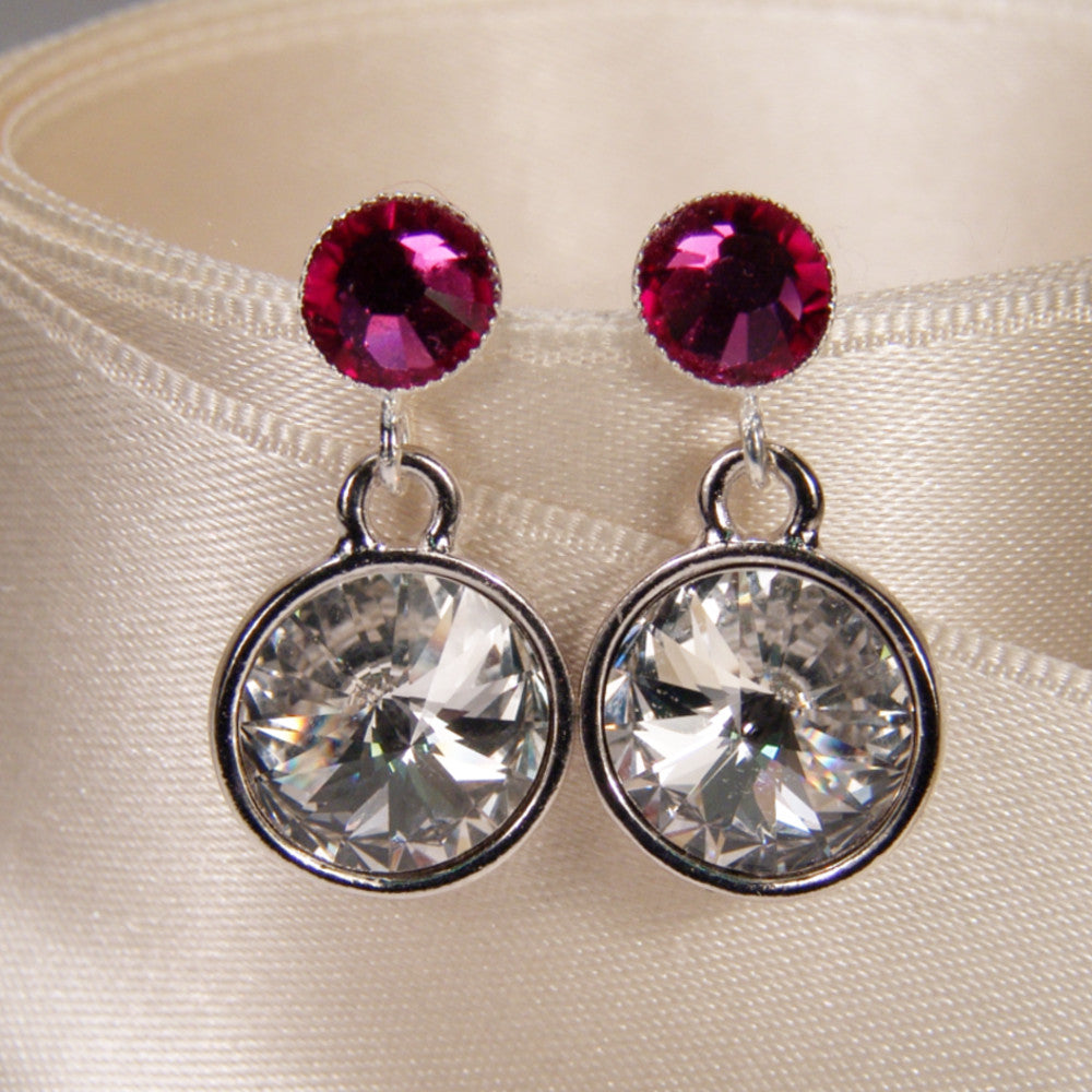Kristall-Ohrstecker Fuchsia und Kristall getragen, funkelnde Swarovski-Kristalle