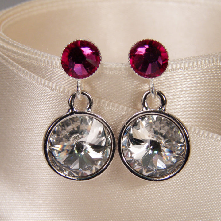 Kristall-Ohrstecker Fuchsia und Kristall getragen, funkelnde Swarovski-Kristalle