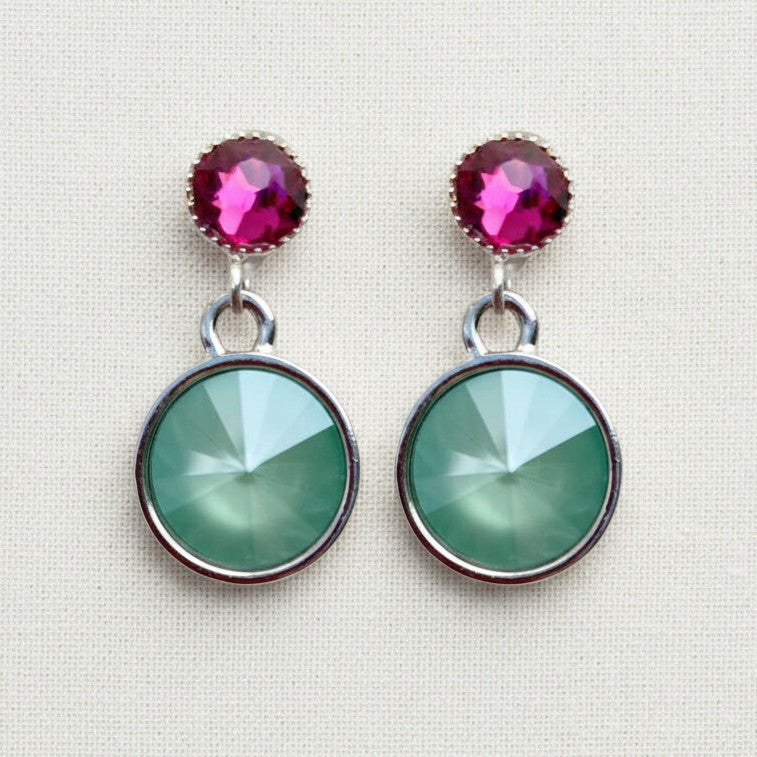 Kristall-Ohrstecker Mint und Fuchsia mit Swarovski-Kristallen, versilbert – Perlotte Schmuck