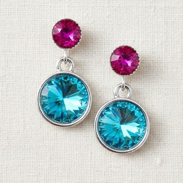 Kristall-Ohrstecker Türkis und Fuchsia mit Swarovski-Kristallen, versilbert – Perlotte Schmuc
