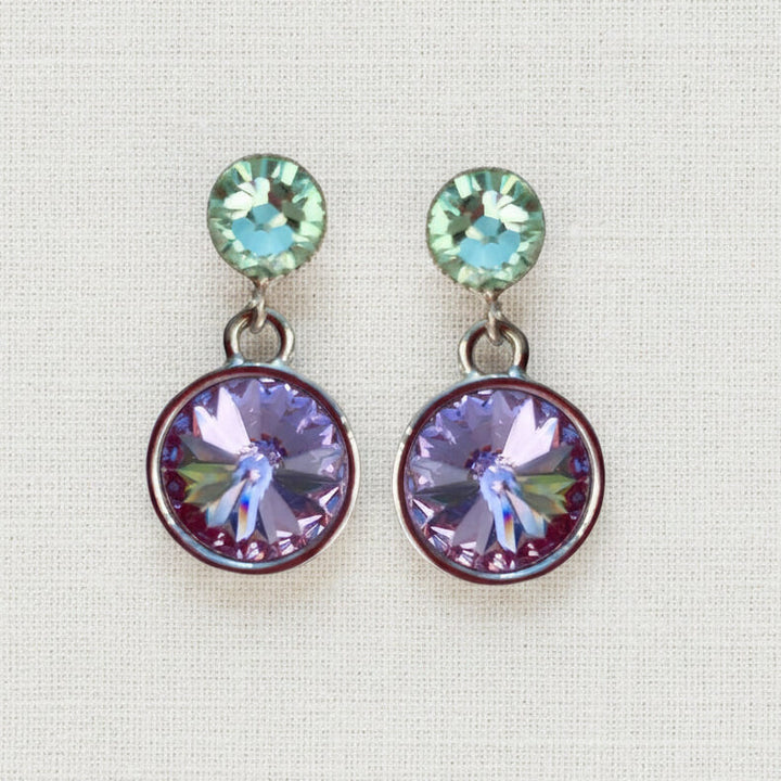 Kristall-Ohrstecker Violett und Grün mit Swarovski-Kristallen, versilbert – Perlotte Schmuck