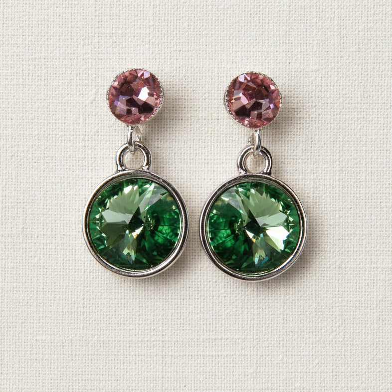 Kristall-Ohrstecker Grün und Rosa mit Swarovski-Kristallen, versilbert – Perlotte Schmuck