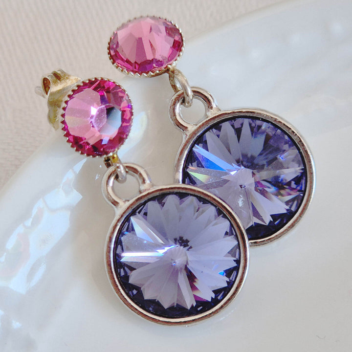 Kristall-Ohrstecker Blauviolett und Rosa mit Swarovski-Kristallen, versilbert – Perlotte Schmuck