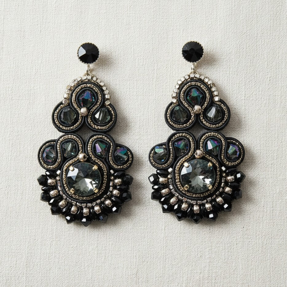 Schwarz-goldene Soutache-Statement-Ohrringe handgenäht