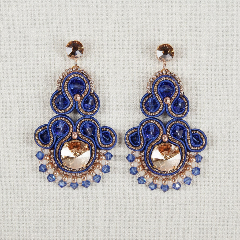 Soutache-Ohrringe Blau-Gold mit Swarovski Kristallen