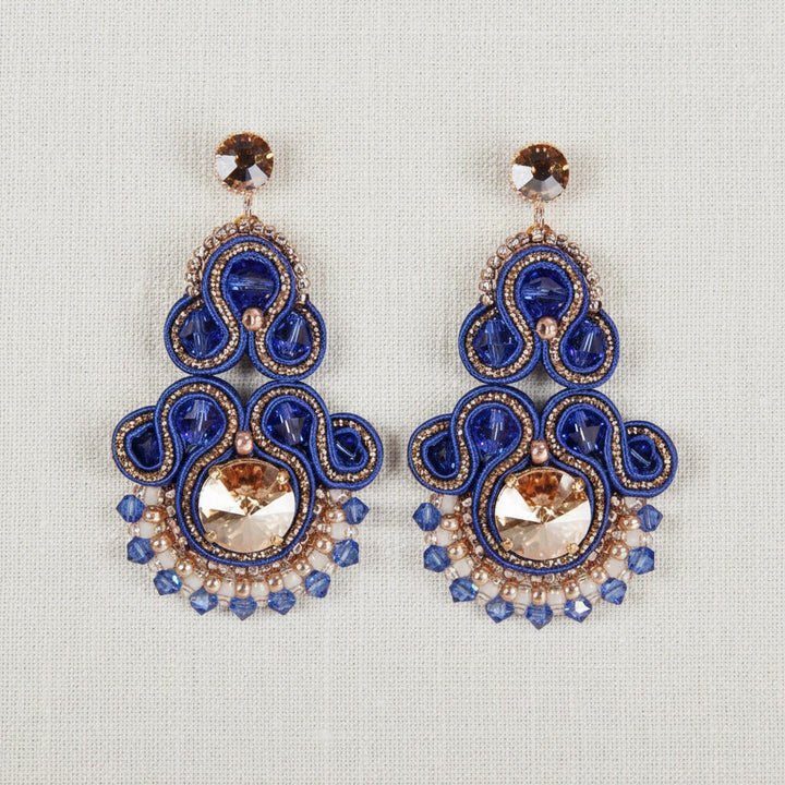 Soutache-Ohrringe Blau-Gold mit Swarovski Kristallen
