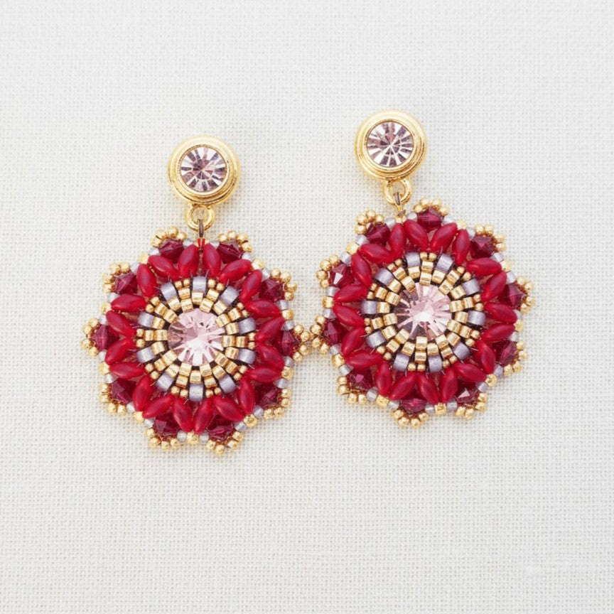 Große Blüten-Ohrringe in Rot und Gold mit Swarovski Kristallen