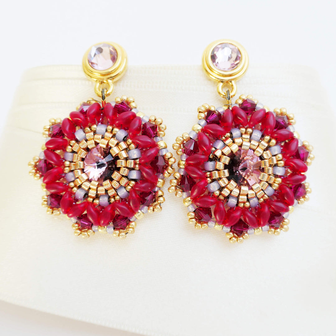 Große Blüten-Ohrringe in Rot und Gold mit Swarovski Kristallen