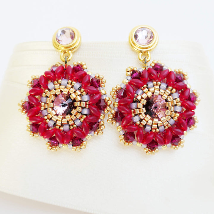 Große Blüten-Ohrringe in Rot und Gold mit Swarovski Kristallen