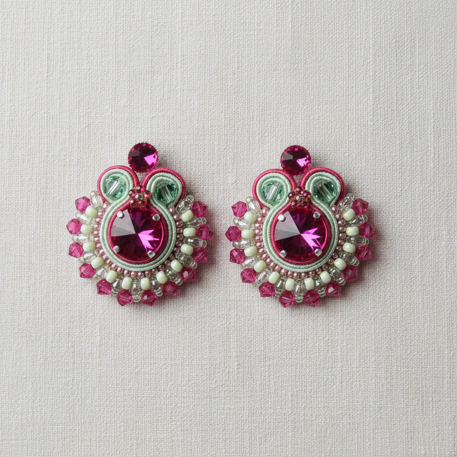 Runde Soutache-Ohrringe in Fuchsia-Grün