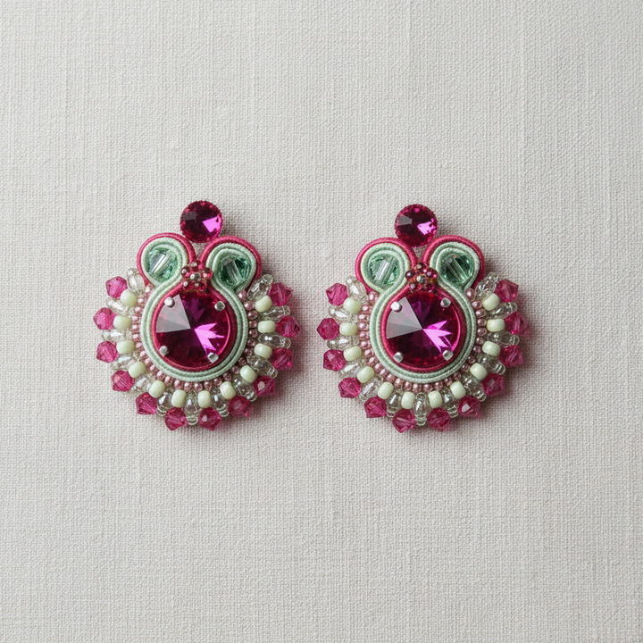 Runde Soutache-Ohrringe in Fuchsia-Grün