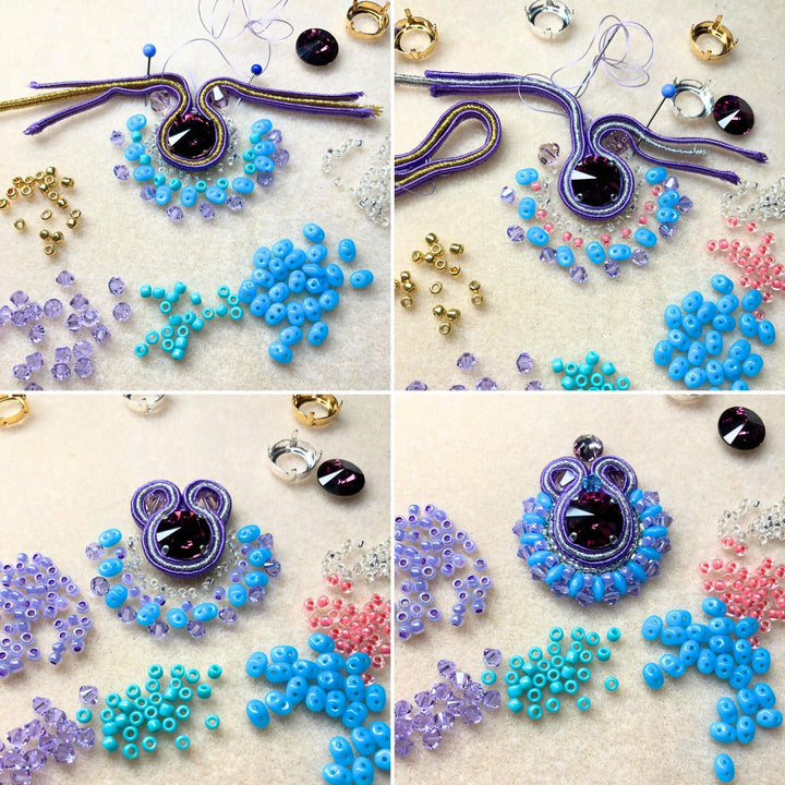 Anfertigung Soutache-Ohrhänger Blau und Grün, Soutache-Litze mit Kristallen und Rocailles