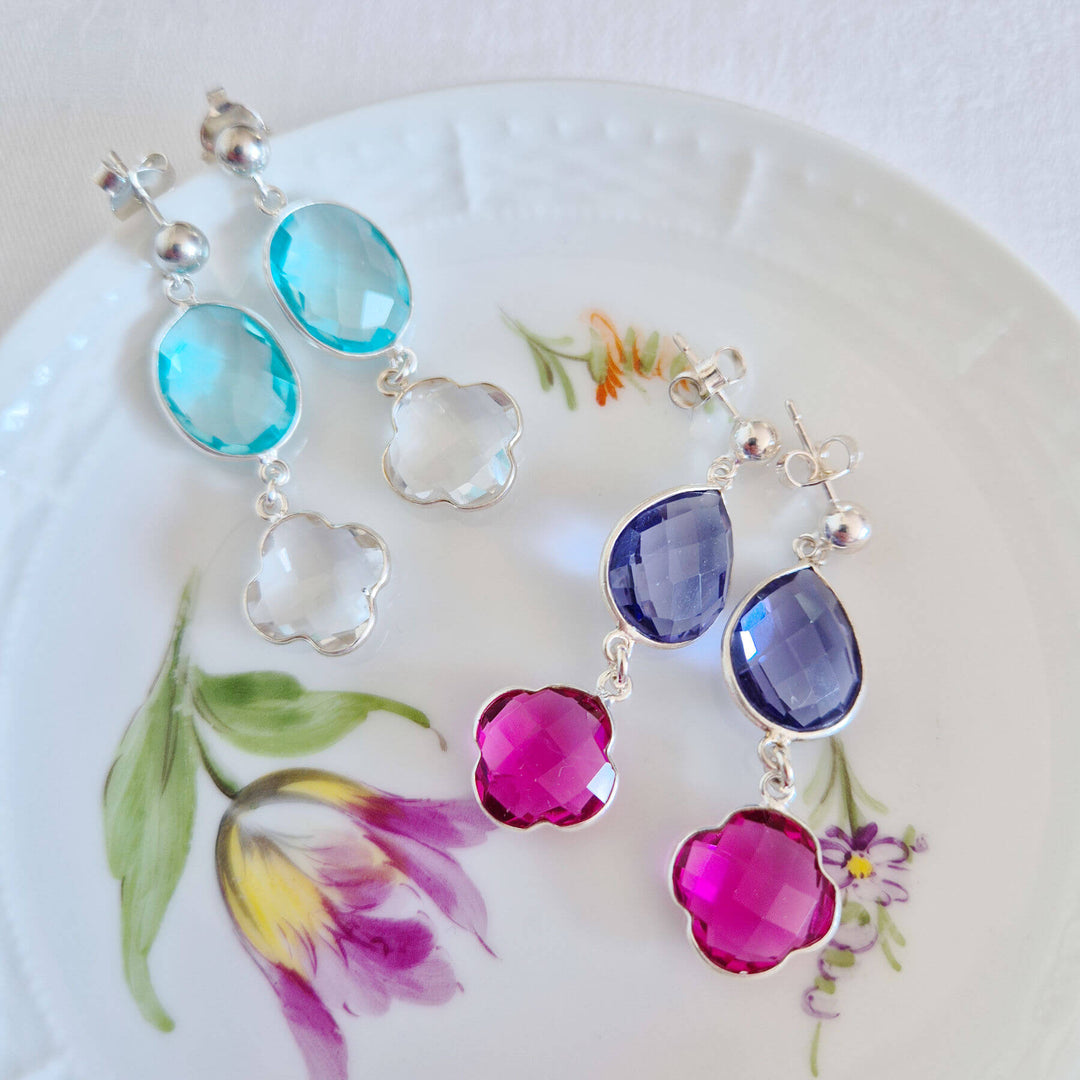 Edelstein-Duo Ohrringe in Blau, Fuchsia und Silber