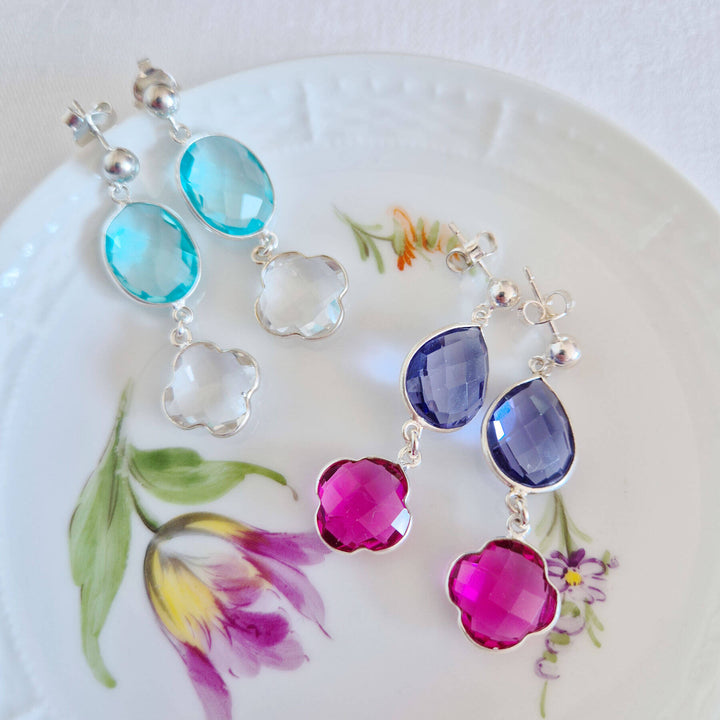 Edelstein-Duo Ohrringe in Blau, Fuchsia und Silber