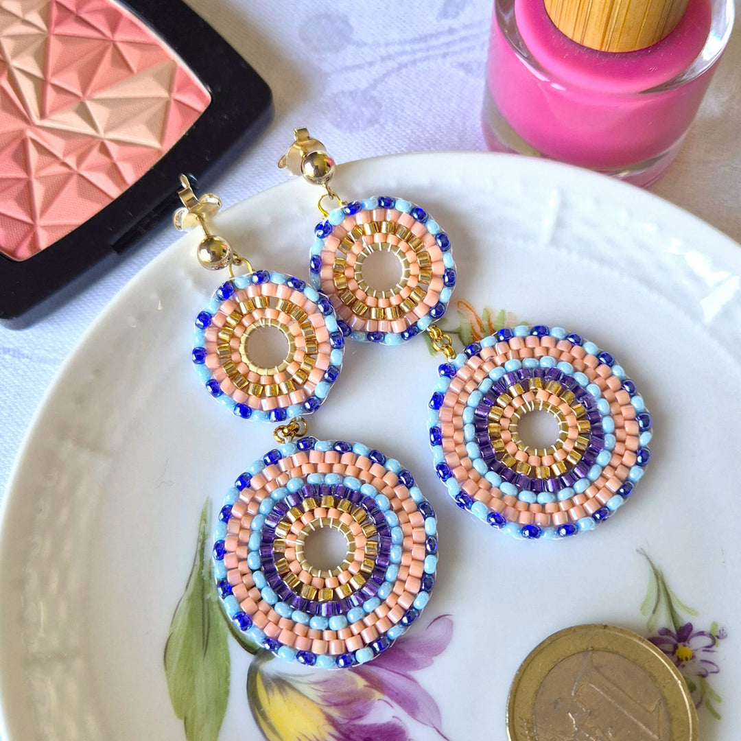 Bunte Rocailles-Ohrringe mit doppeltem Rondell im Boho-Stil