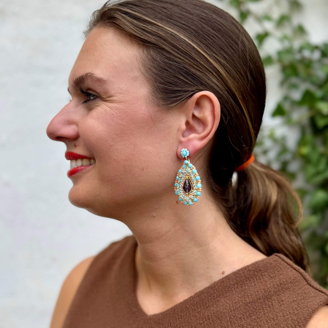 Statement Ohrringe im Bollywood-Stil in Türkisblau, Koralle und Gold