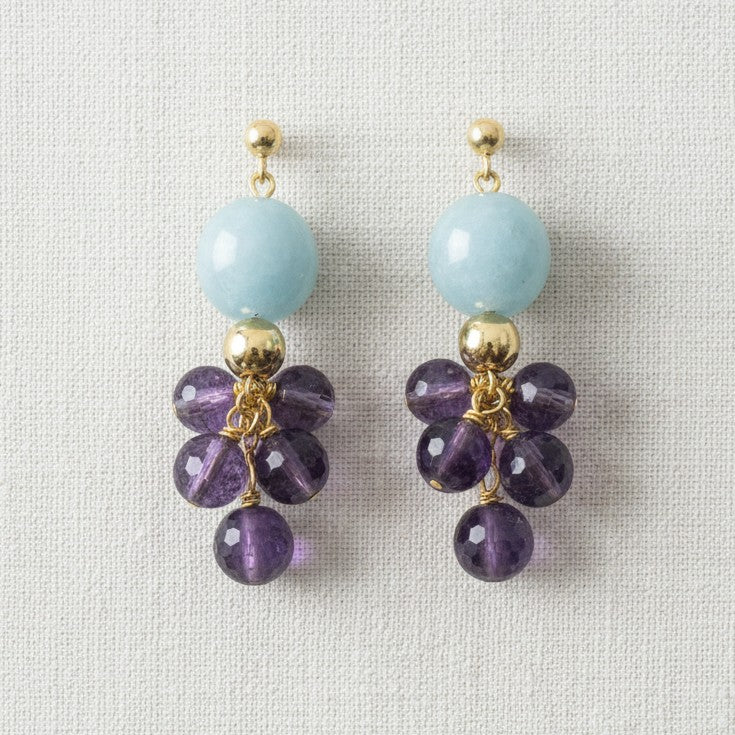 Vergoldete Edelstein-Ohrringe mit Aquamarin und Amethyst-Trauben