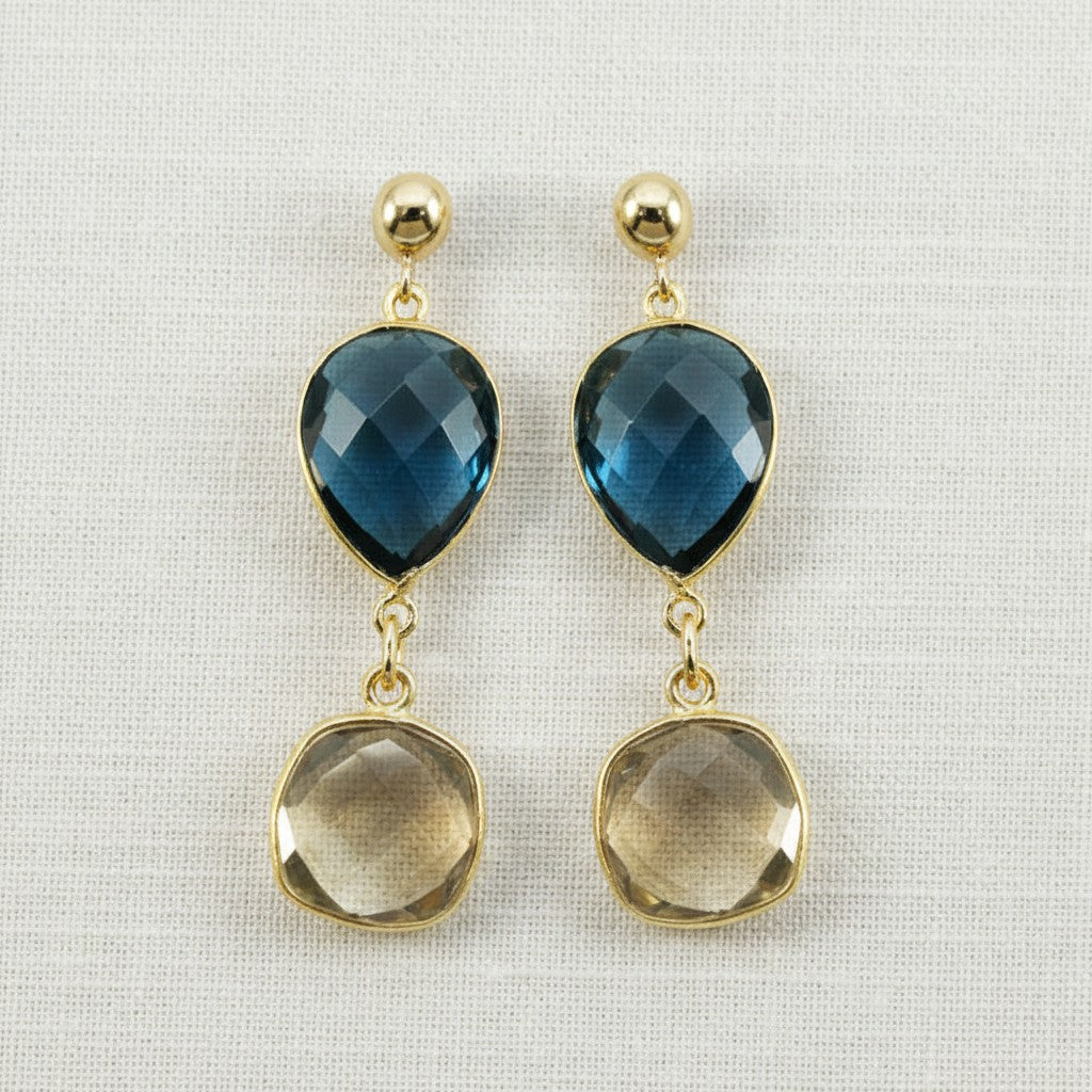 Vergoldete Edelstein-Ohrringe mit Quarz in Blau und Gelb