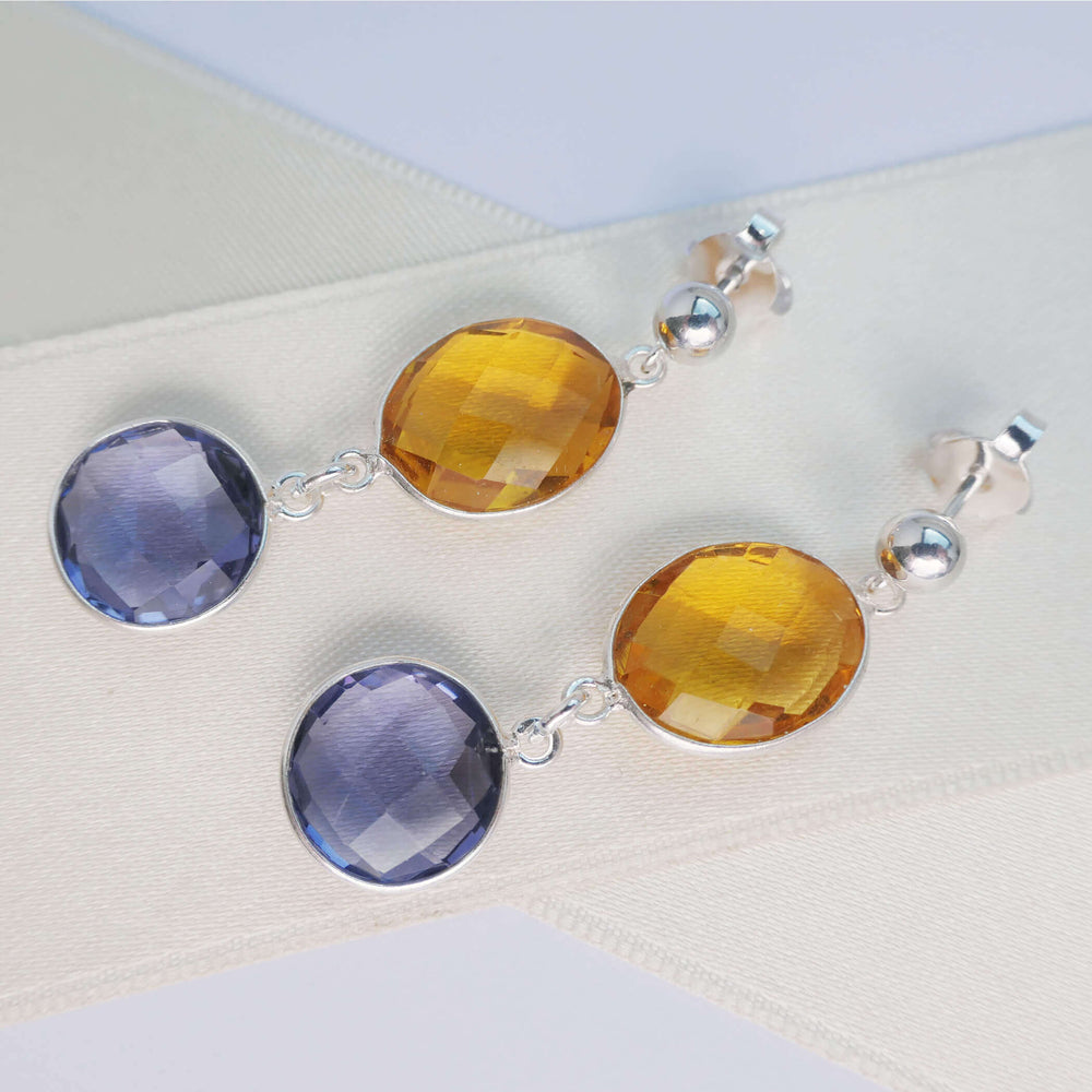 Silberne Edelstein-Ohrringe mit gelbem und blauem Quarz