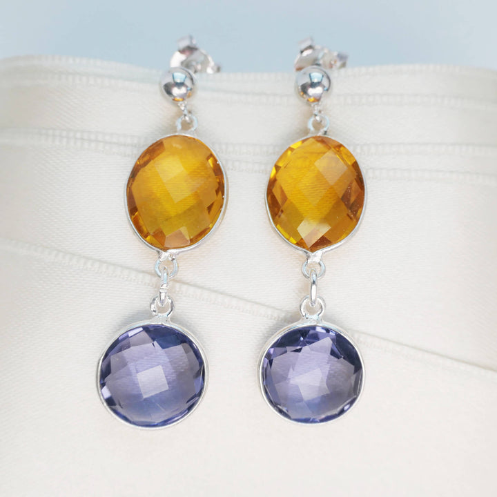 Silberne Edelstein-Ohrringe mit gelbem und blauem Quarz