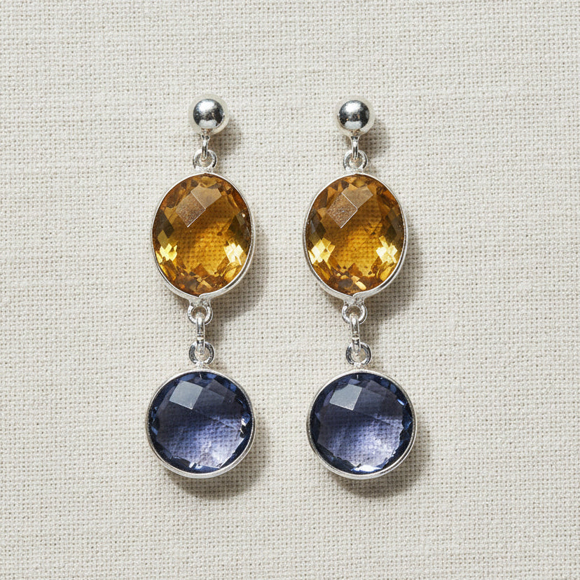 Silberne Edelstein-Ohrringe mit gelbem und blauem Quarz