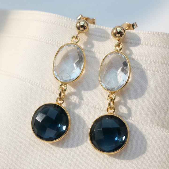 Ohrringe Edelstein-Duo in Weiß, Dunkelblau und Gold